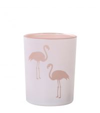 zart rosa Teelichtglas in Frozen-Optik mit Flamingo-Print