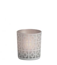 Teelichtglas taupe und weiß mit quadratischem geometrischen Muster, klein