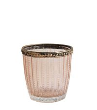 Teelichtglas aus getöntem Glas in Altrosa mit Streifen-Muster und antik-goldenem Metallrand