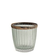 Teelichtglas aus getöntem Glas in Grün mit Streifen-Muster und antik-goldenem Metallrand