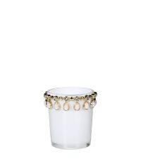 mini Teelichthalter glänzend weiß mit Perlen & Dekosteinen in goldener Fassung