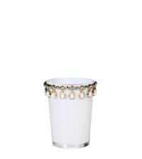 Teelichthalter glänzend weiß mit Perlen & Dekosteinen in goldener Fassung