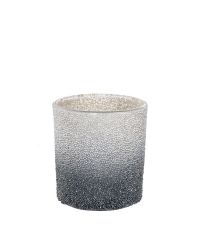 festliches Teelichtglas mit Farbverlauf aus kleinen Perlen, silber bis grau