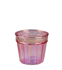 schimmernder rosa Teelichthalter aus leicht transpartentem Glas mit Verzierung