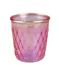schimmernder rosa Teelichthalter aus leicht transpartentem Glas mit Harlekin-Muster