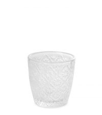 kleiner Teelichthalter mit erhabenem Rautenmuster & Blütenverzierung aus klarem Glas
