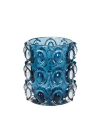 Teelichthalter aus Glas verziert mit erhabenem Kreismuster, blau