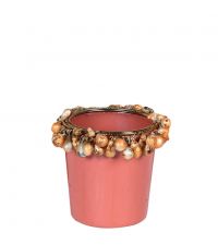 Teelichthalter aus Glas mit Perlen, korallenfarben