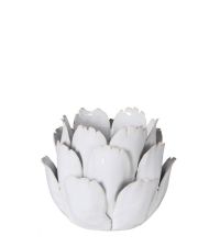 Teelichthalter in Blütenform aus zarten Keramikblättern, weiß