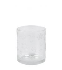 Teelichthalter aus klarem Glas mit erhabenen Schneeflocken
