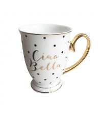 süße Teetasse mit schwarzen Punkten, goldenen Verzierungen und Schriftzug 'ciao bella'