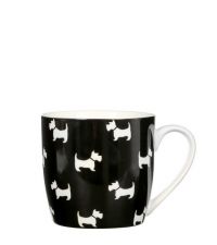 schwarze Tasse mit weißen Hunde-Motiven