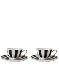 2er-Set Mini-Teetassen mit Untersetzer, schwarz/weiß gestreift mit zarten, goldenen Linien