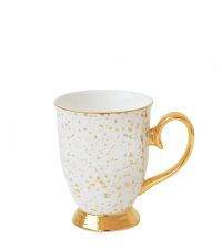 weiße Tasse mit Goldtupfen und goldenen Elementen