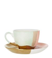 handbemalte Kaffeetasse & Untertasse in Pastellfarben & gold