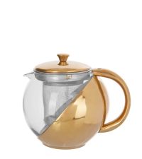 Teekanne aus Glas mit goldener Ummantelung aus Edelstahl