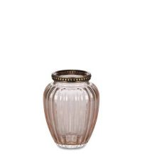 kleine Vase aus getöntem Glas in Altrosa mit Rillen und antikgoldenem Metallrand