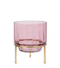 trendige Vase oder Blumentopf auf gold glänzendem Gestell aus Metall, Glasvase rosa