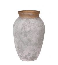 große, bauchige Vase aus Ton mit strukturierter Oberfläche in Beton-Optik, grau