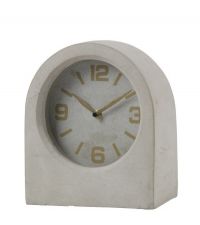 moderne Standuhr aus Beton mit goldenen Zahlen & Zeigern, grau