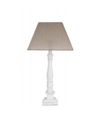 hohe, Tischleuchte im Landhausstil mit weißem Holzfuß und eckigem Lampenschirm, taupe