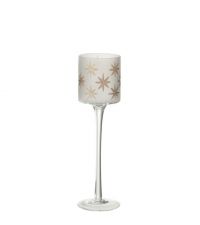 mittelhoher weihnachtlicher Teelichthalter aus weiß getöntem Glas verziert mit goldenen Sternen