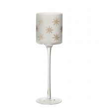 hoher weihnachtlicher Teelichthalter aus weiß getöntem Glas verziert mit goldenen Sternen