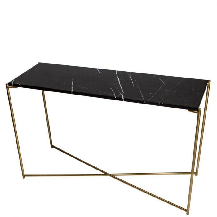 Grosse Konsole Mit Schwarzem Marmorfinish Und Goldenen Gekreuzten