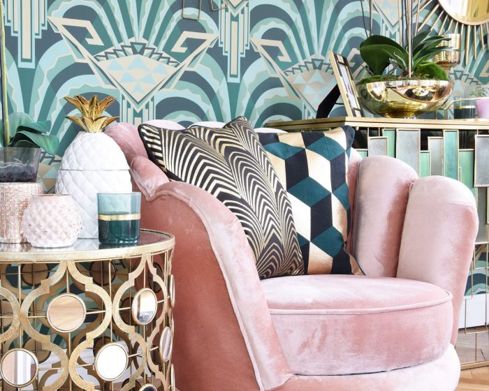 Tapete Im Art Deco Stil Mit Grosser Musterung In Dunkelgrun Gold