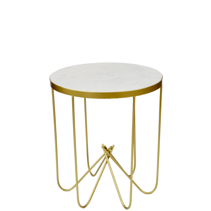 Kleiner Runder Couchtisch Mit Weisser Marmorplatte Und Goldenem Gestell Aus Metallstaben