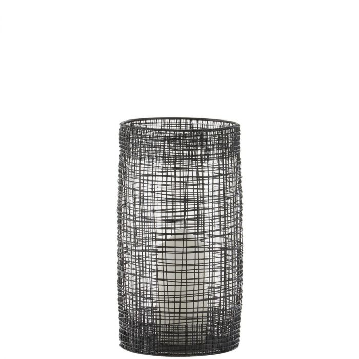Laterne in Zylinderform aus zartem Metall in abstrakter Gitter-Optik,  schwarz
