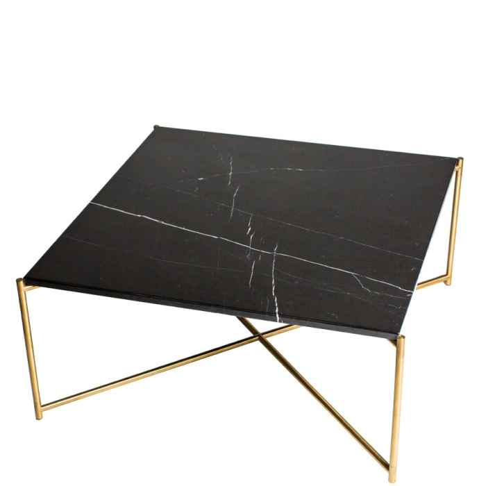 Grosser Quadratischer Couchtisch Mit Schwarzem Marmorfinish Goldenen Gekreuzten Tischbeinen