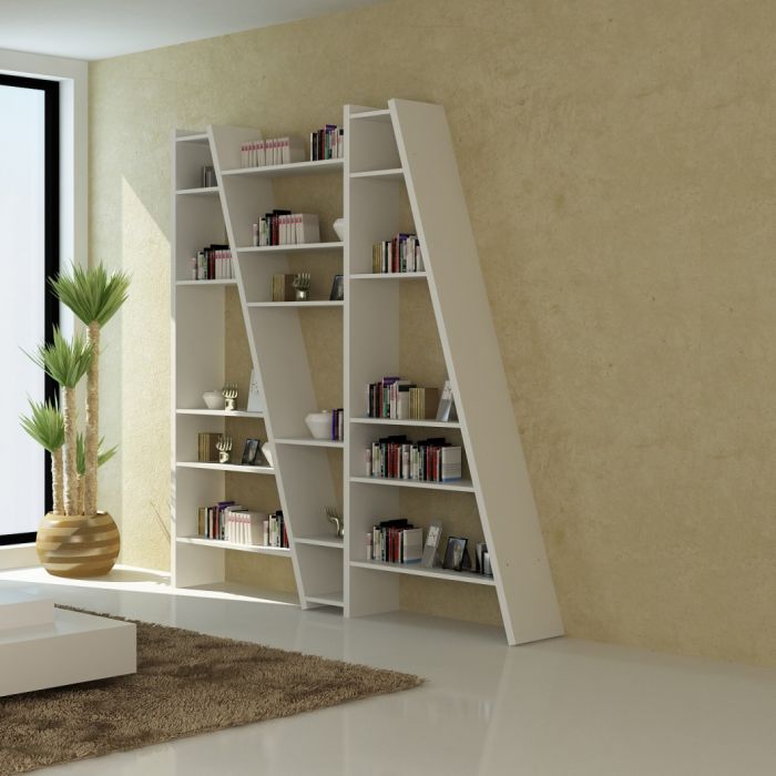 Modernes asymmetrisches Regal mit fünf Ebenen, Bücherregal weiß großes modernes asymmetrisches Regal, Bücherregal weiß