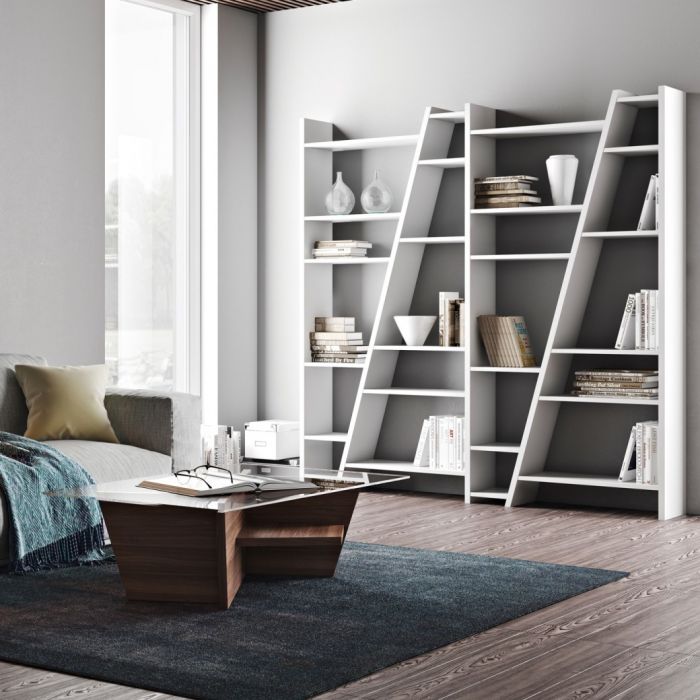 großes modernes asymmetrisches Regal, Bücherregal weiß großes modernes asymmetrisches Regal, Bücherregal weiß