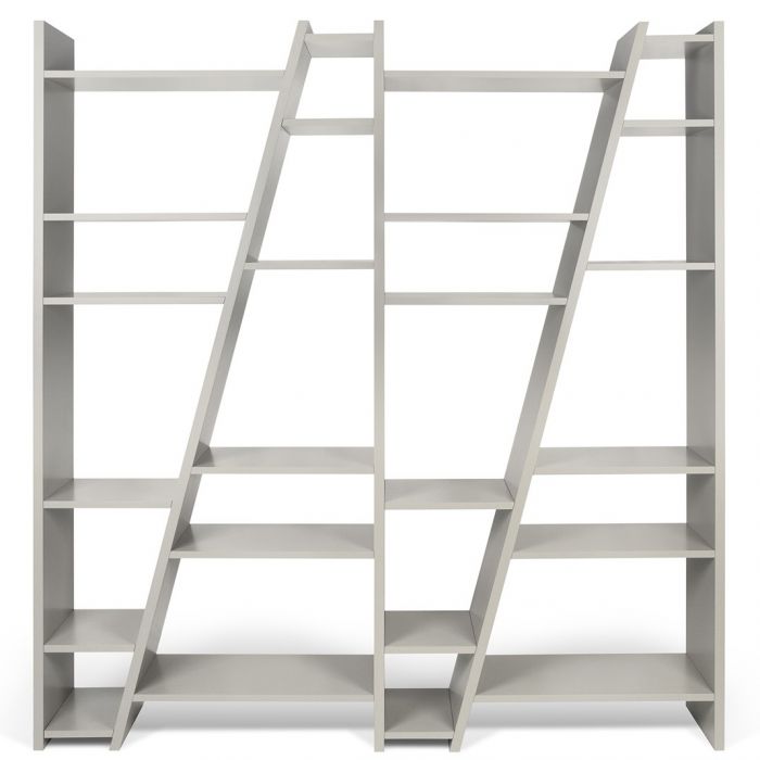 großes modernes asymmetrisches Regal, Bücherregal grau großes modernes asymmetrisches Regal, Bücherregal weiß