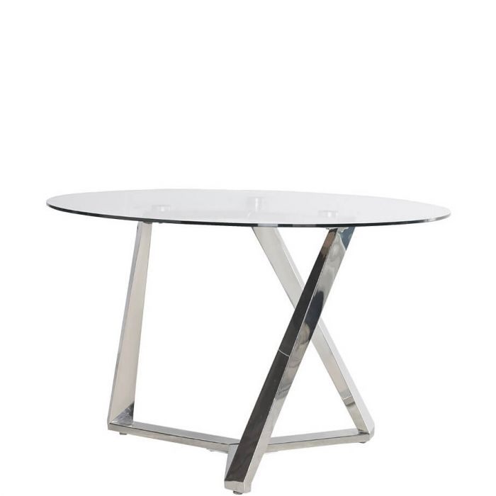 moderner Esstisch mit Glasplatte und schrägen Metallbeinen moderner Esstisch mit Glasplatte und schrägen Metallbeinen