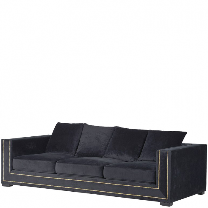 Grosses Schwarzes Samtsofa In Geradliniger Form Mit Goldenen Details